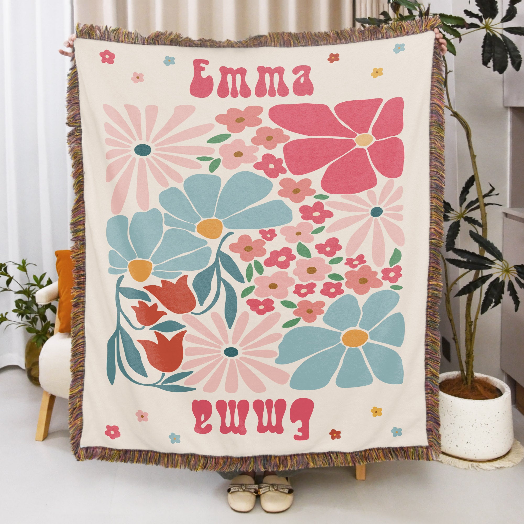 Personalizada Retro Flor Flecos Suave manta con nombre Aniversario Cumpleaños Regalo para las mujeres