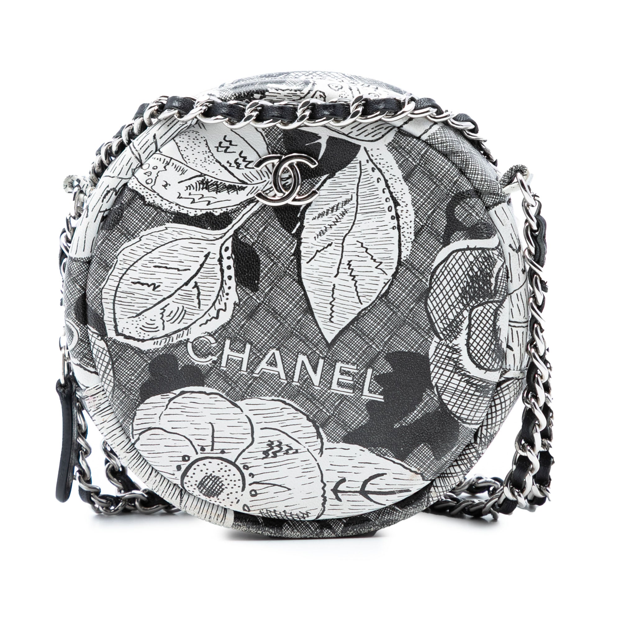 CC Calfskin Floral Round Clutch on Chain