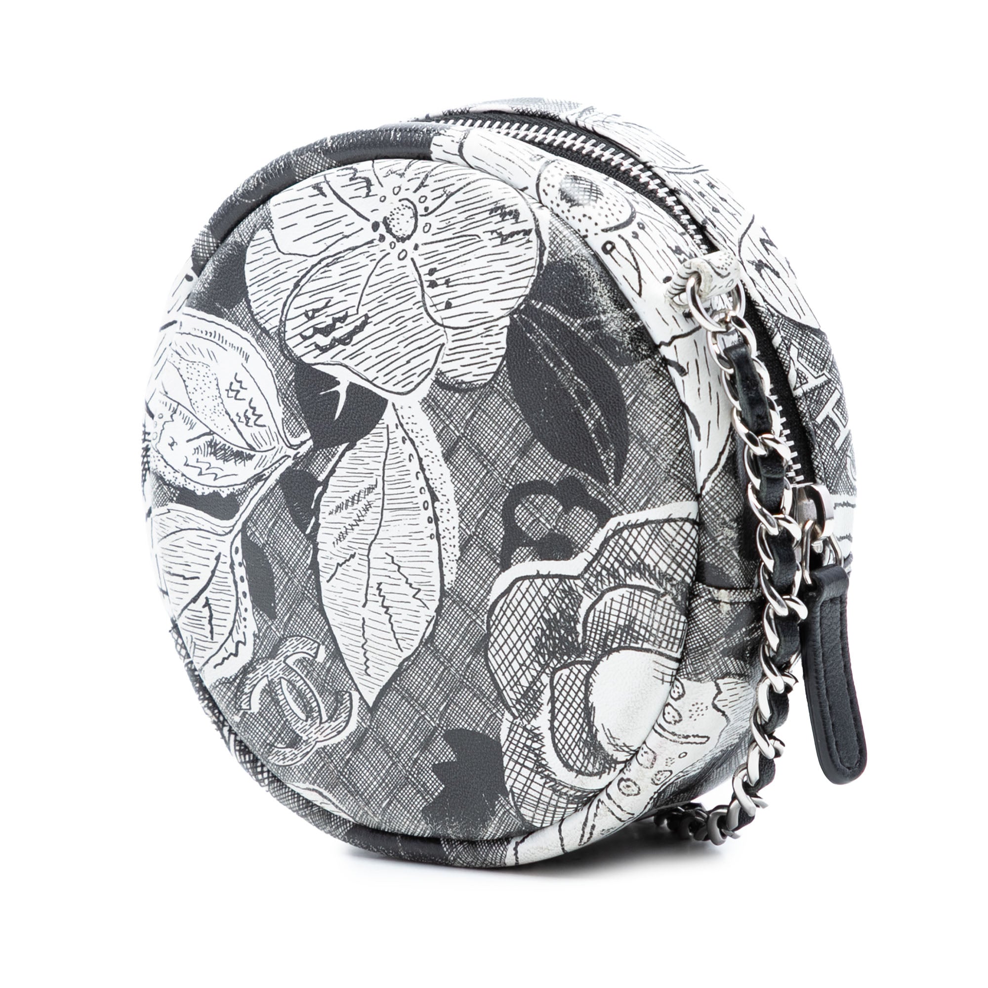 CC Calfskin Floral Round Clutch on Chain