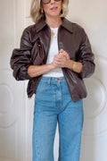 Lapel Zip Up Faux Leather Bomber Jacket