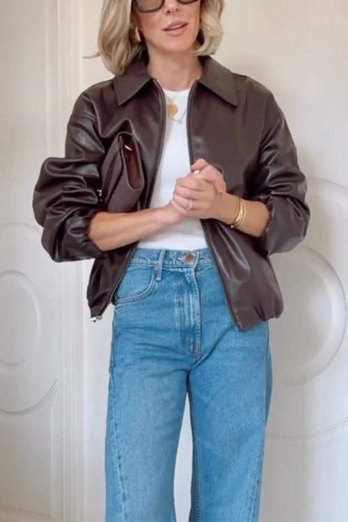 Lapel Zip Up Faux Leather Bomber Jacket