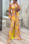 Off Shoulder Lantern Long Sleeves Printed Slit Pleated Maxi Dress