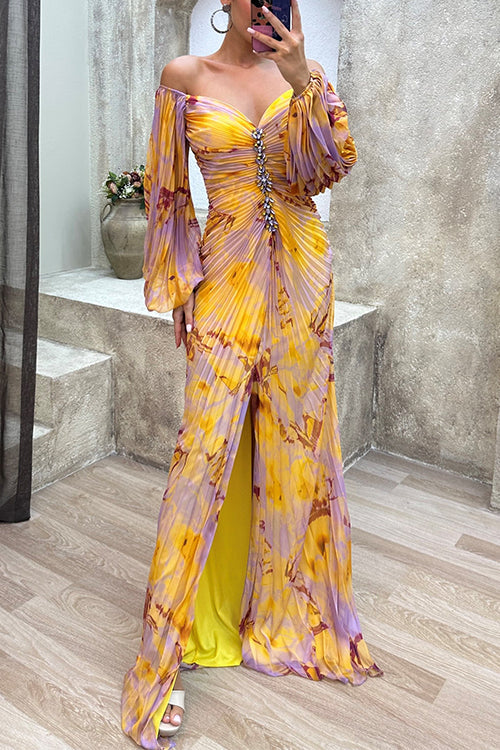 Off Shoulder Lantern Long Sleeves Printed Slit Pleated Maxi Dress