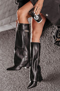 Pointed Toe Fold Over Chunky Block Zipper High Boots
