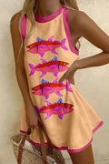 Sleeveless Cartoon Fish Print Color Block Mini Dress