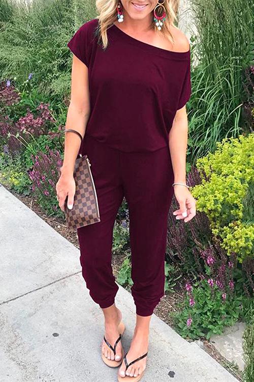 Short Sleeves Elastic Waist Joggers Jumpsuit