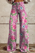 Leopard Floral Print Wide Leg Pocketed Pants
