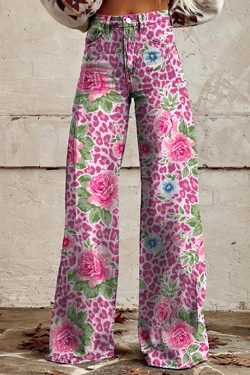 Leopard Floral Print Wide Leg Pocketed Pants