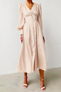 V Neck Puff Sleeve Waisted Ruffle Satin Dress