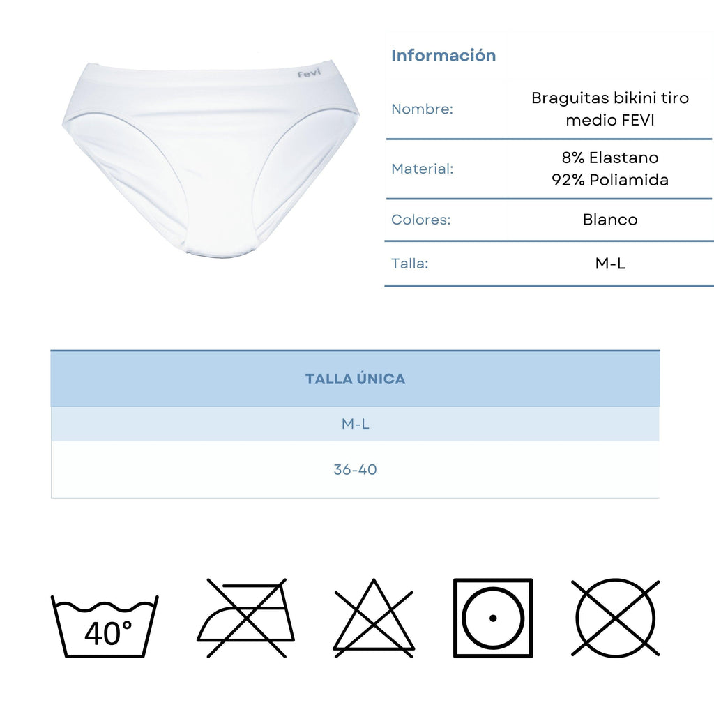 FEVI | Pack de 12 Braguitas Tiro Medio en 1 o 3 Colores Diferentes: Blanco, Negro y Beige | Talla única M-L