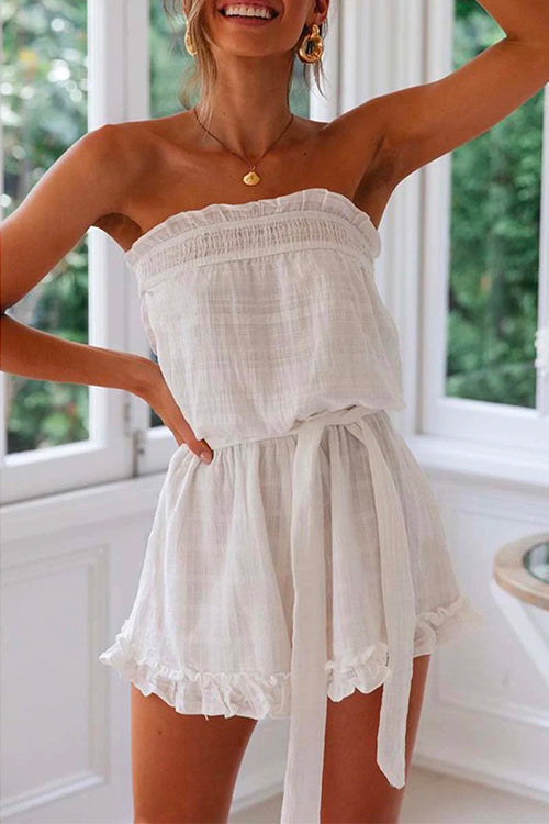 Off Shoulder Sleeveless Tie Waist Ruffle Romper