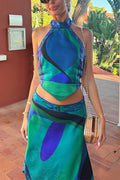 Printed Halter Tie Knot Backless Top and Irregular Hem Maxi Skirt Set