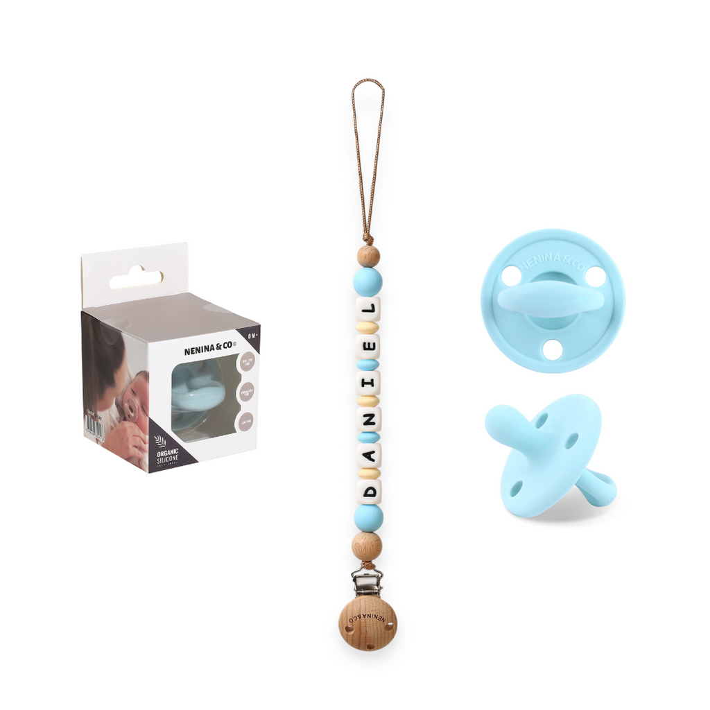 Kit Chupete Clásico Celeste  de Silicona + Chupetero con Nombre | Nenina & Co.