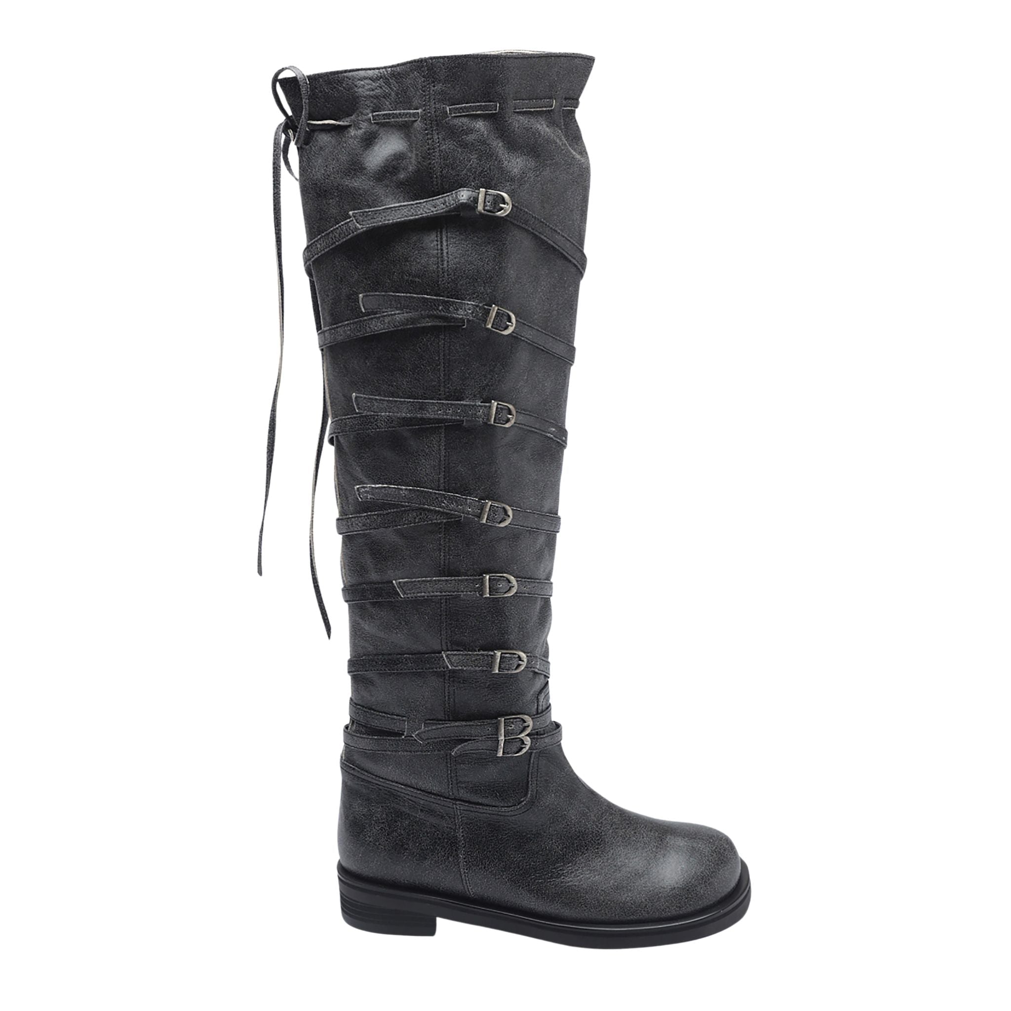Grey  Knee‑High Leather Multi‑Strap Buckle Boots