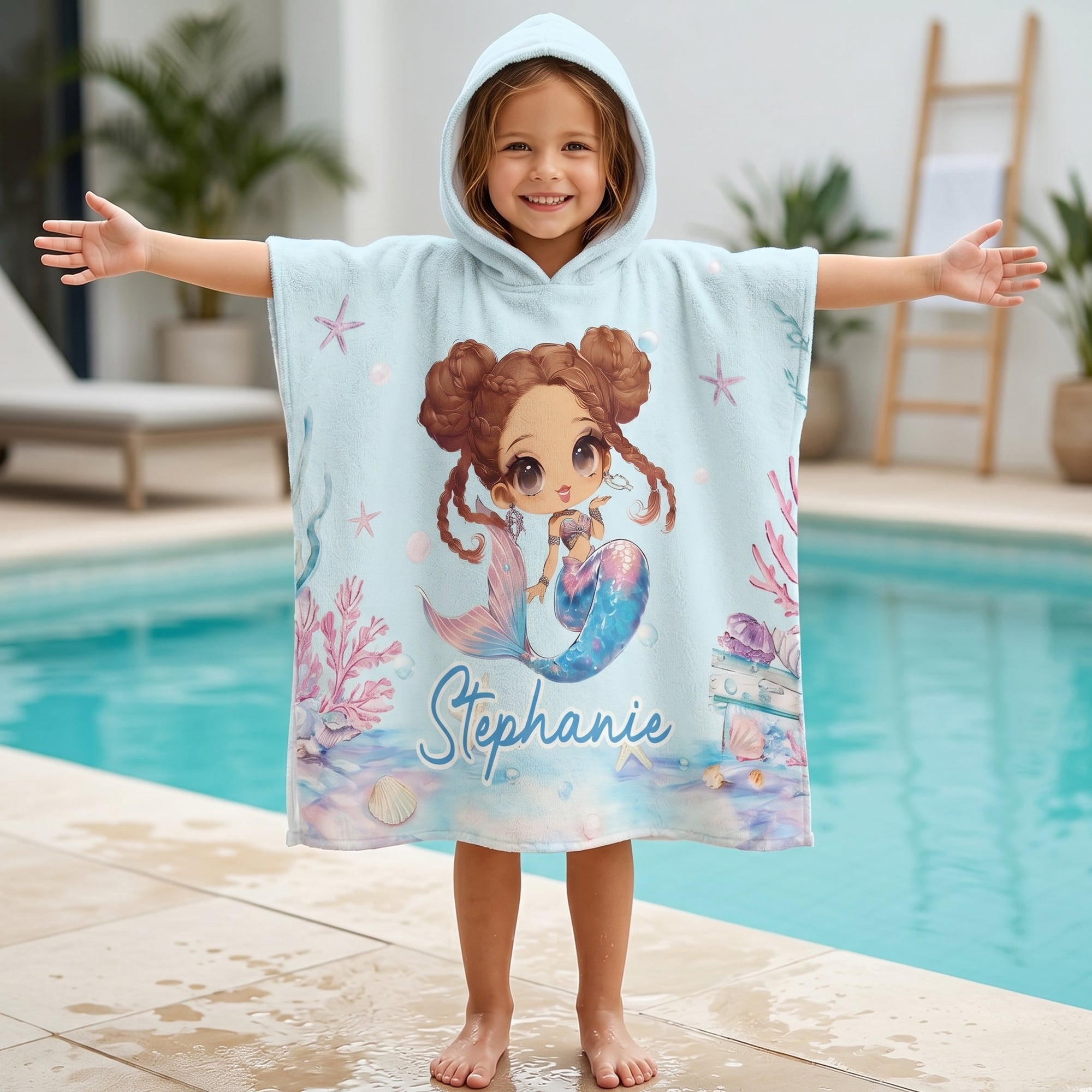 Toalla de playa con capucha de secado rápido personalizada con nombre Sirena Actividades al aire libre Fiesta en la playa Regalo de cumpleaños para niñas Familia