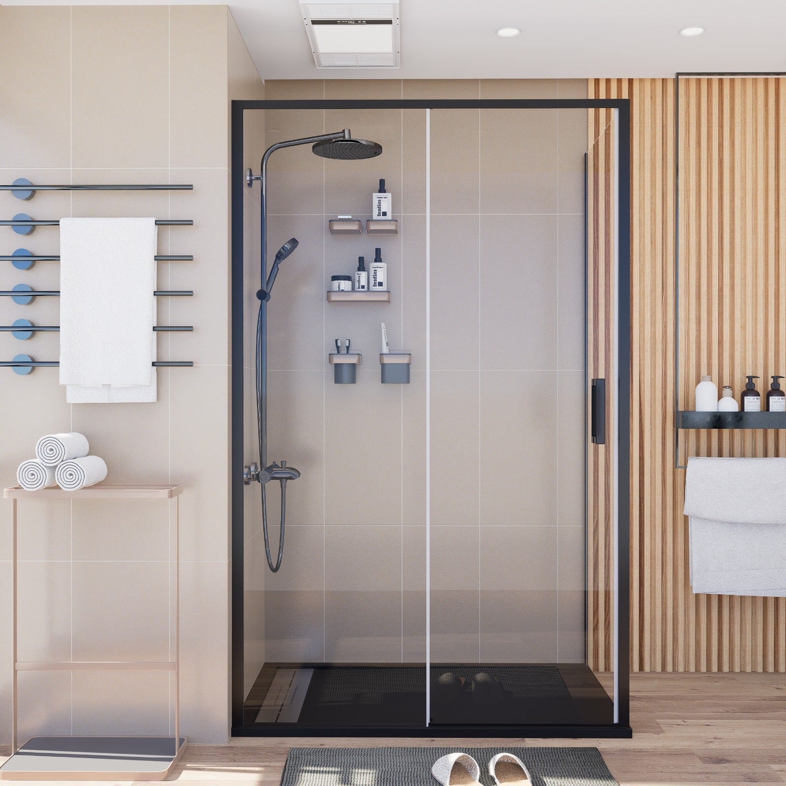 BATHME NOEL-3 Mampara Ducha Lateral Fijo+Frontal Corredera Negro Transparente