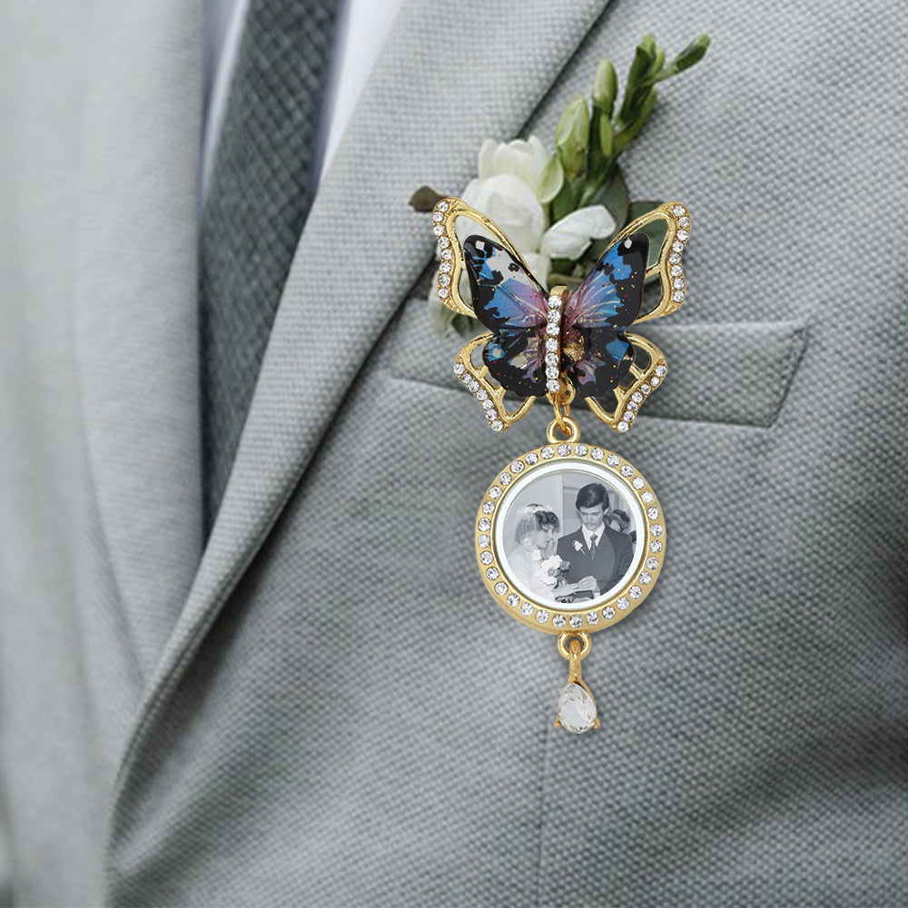 Alfiler Broche Personalizado Azul y Oro Mariposa 1-3 Fotos Adornado con Circonitas Aniversario de Boda Graduación Ceremonia de Cumpleaños Regalo para Recién Casados