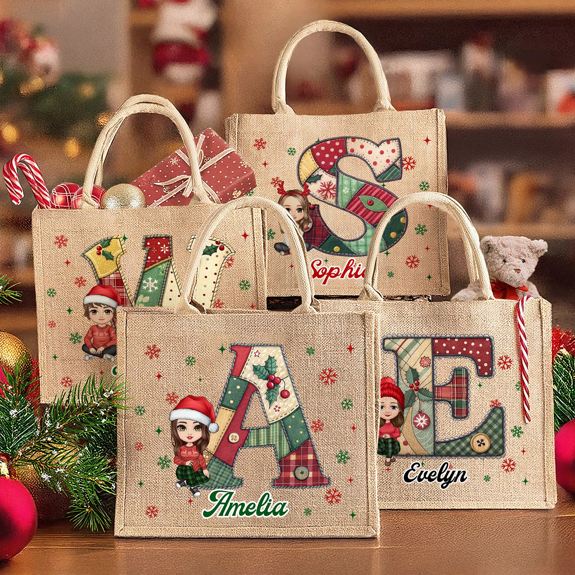 Personalizada Personajes de dibujos animados Copo de nieve Inicial Bolsa de yute con nombre Navidad Uso diario Regalo para la familia Amigos