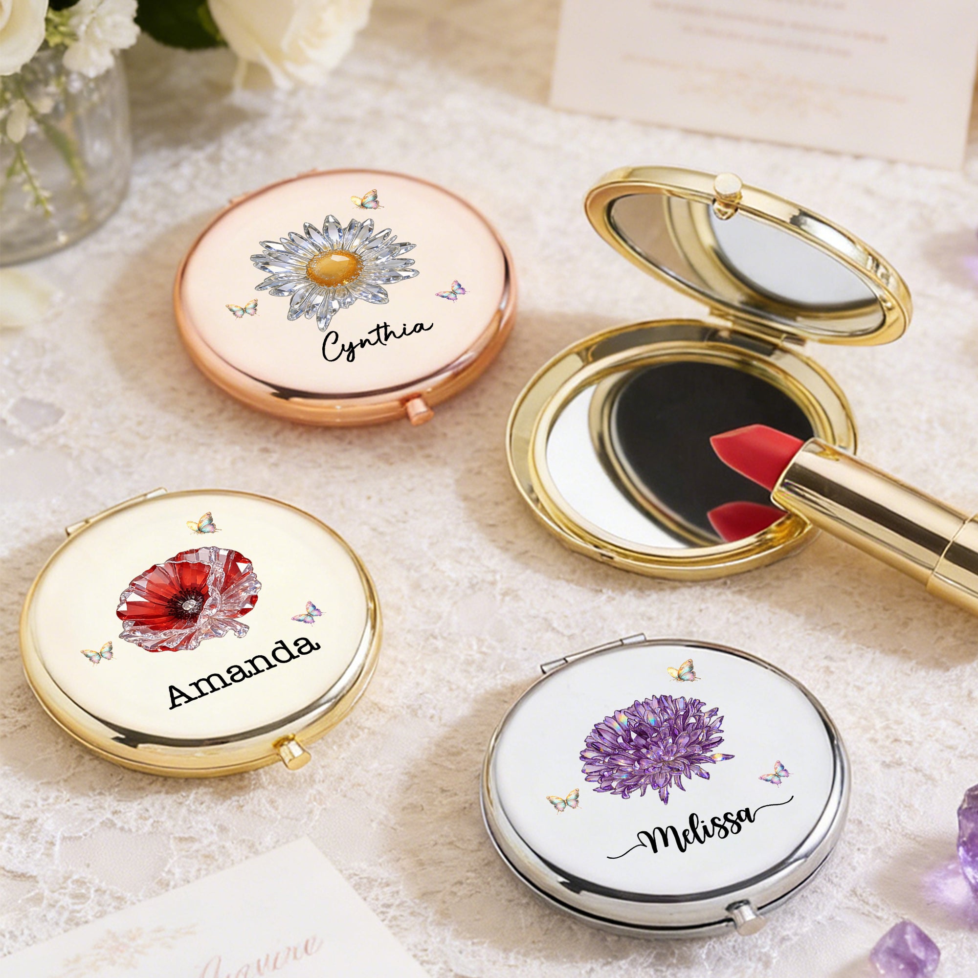 Personalizado Mariposa de Cristal Flor de Nacimiento Bolsillo Plegable Espejo de Maquillaje con Nombre Herramientas de Maquillaje Regalo de Cumpleaños para Novia Amiga Mujer