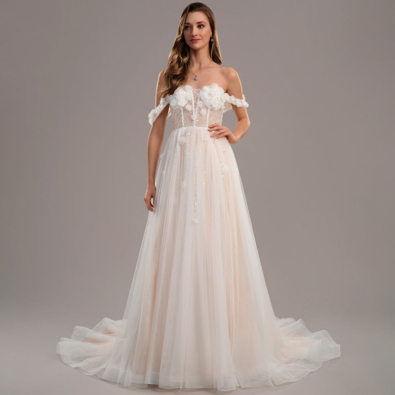Bridal Wedding Dress Ivory-Nude Long Off the Shoulder Ball-Gown Princess