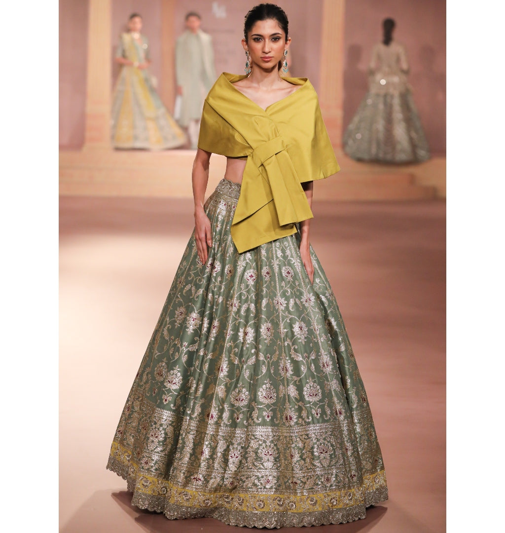 Amira Mint Mustard Lehenga Set By KYNAH, Luxury Indian Fashion & Bridal Wear