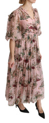 Women's Pink Bengal Cat Print A-Line Maxi Silk Dress