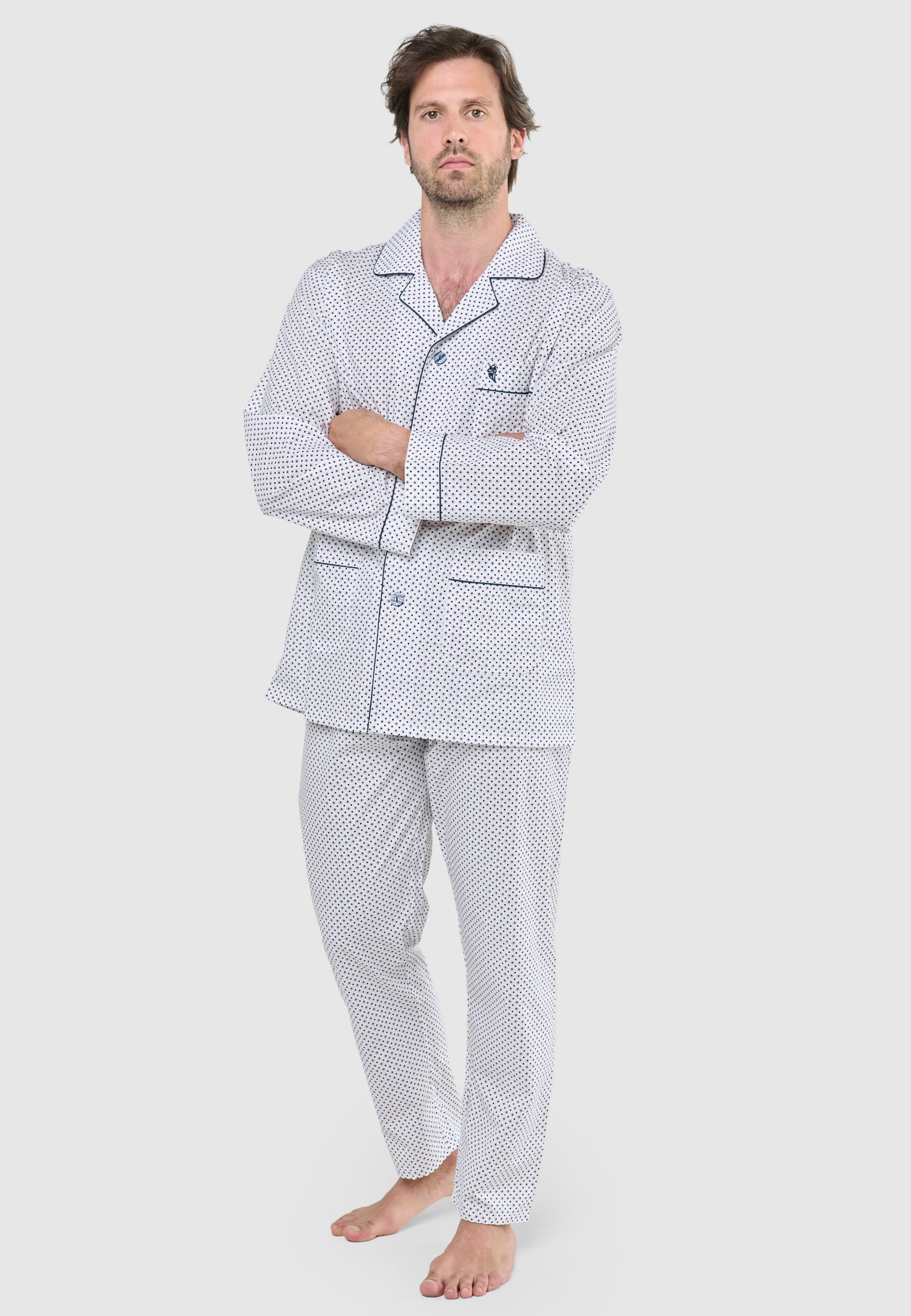 Pijama Hombre Largo Solapa Popelín Estampado - Blanco 1401_01
