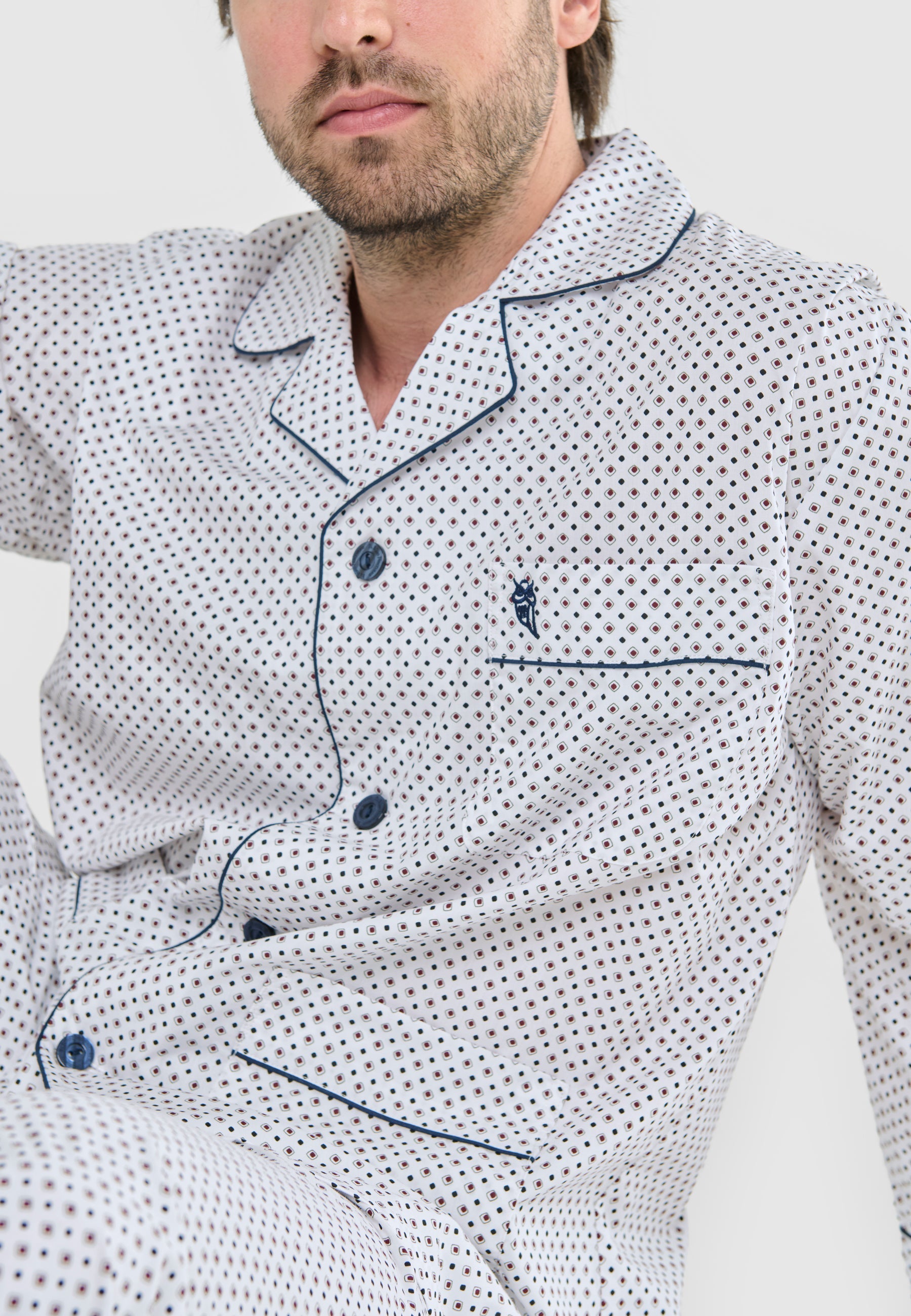 Pijama Hombre Largo Solapa Popelín Estampado - Blanco 1401_01