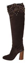 Women's Brown Suede Studded Knee High Shoes Boots