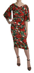 Women's Red Floral Sheath Midi Silk Stretch Dress Elastane