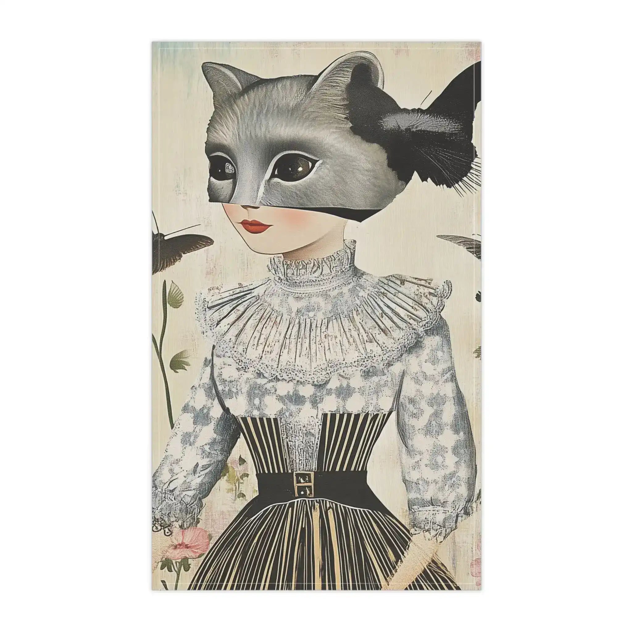 Whimsical Girl with Raccoon Mask and Butterflies Kitchen Towel