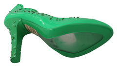 Women's Green Crystal Floral Heels Cinderella Shoes Pvc