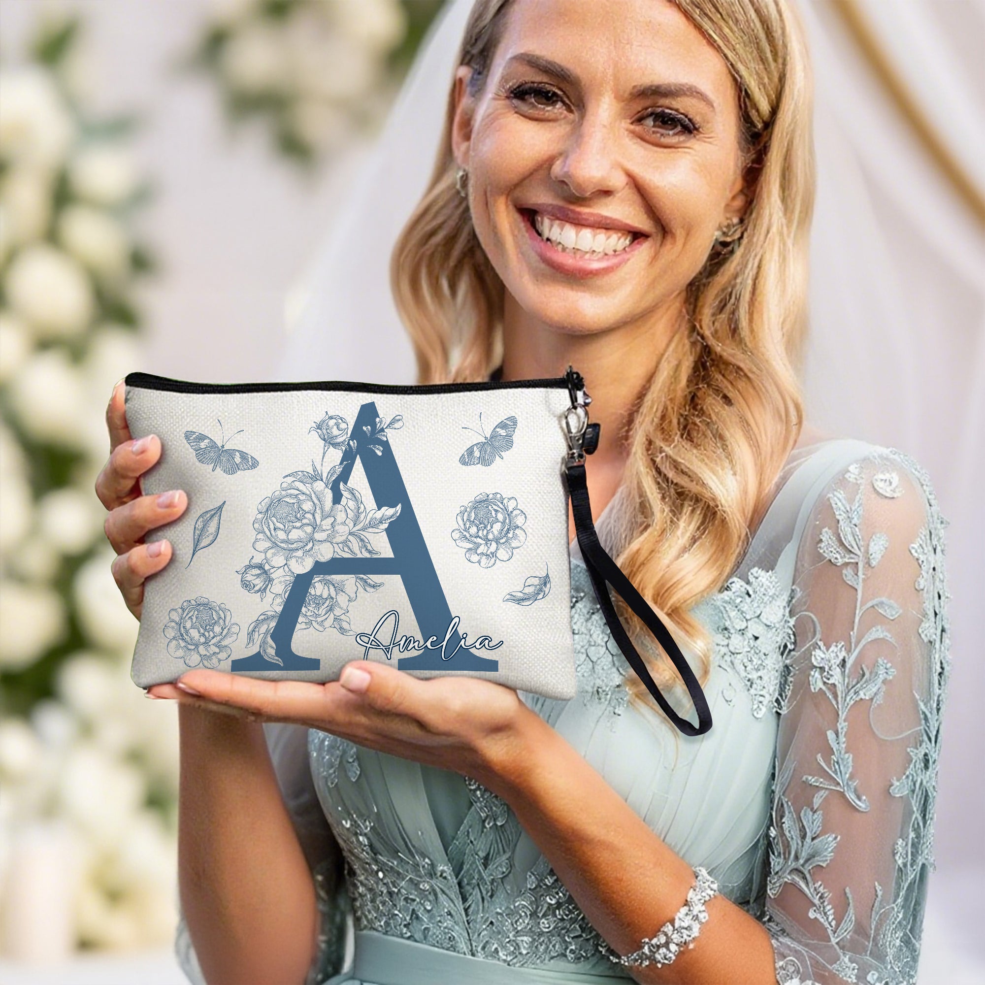 Bolsa de Maquillaje Portátil con Nombre Personalizada con Diseño de Iniciales Florales Almacenaje Diario de Viaje Aniversario Regalo de Cumpleaños para Mujer