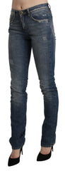 Women's Blue Washed Mid Waist Skinny Denim Jeans Cotton Clothing