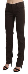 Women's Brown Mid Waist Skinny Slim Trouser Cotton Jeans