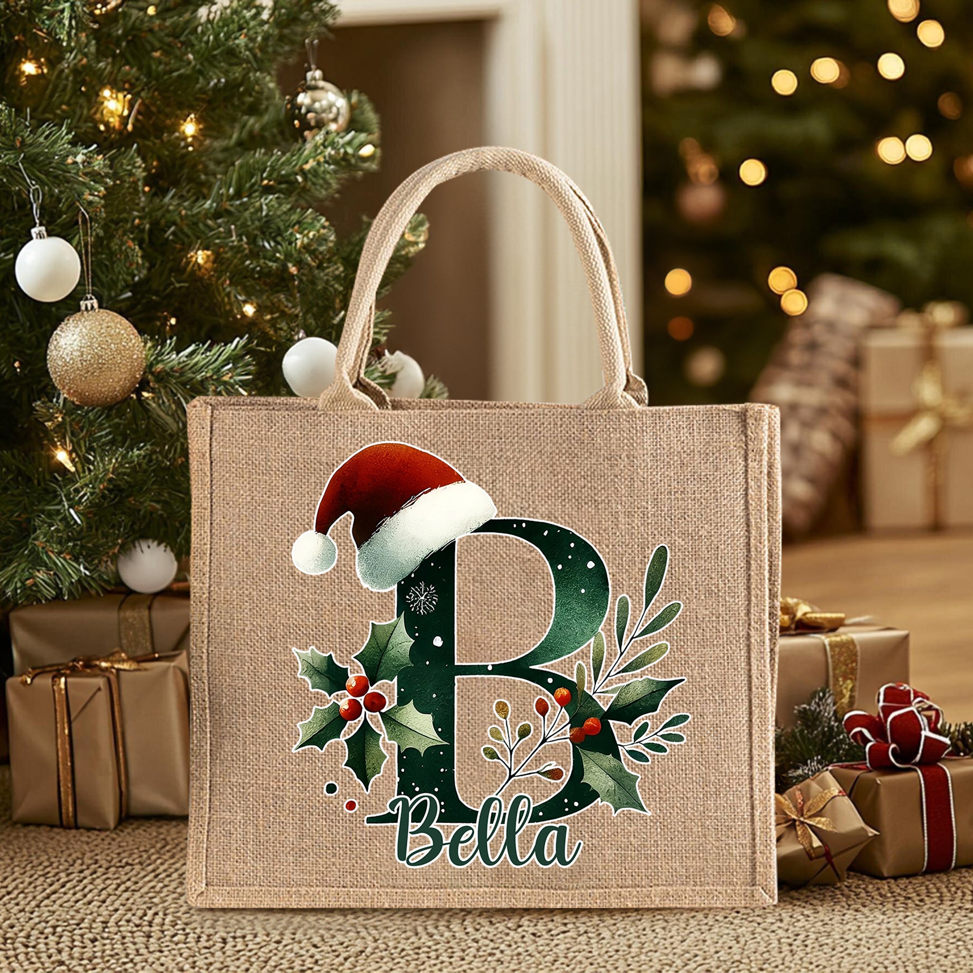 Gorro de Papá Noel personalizado Bolsa de yute con iniciales y nombre Uso diario Regalo de Navidad para la familia Amigos