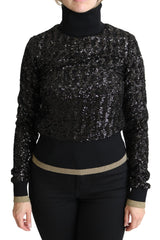 Women's Black Sequined Knitted Turtle Neck Sweater Polyester Clothing