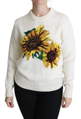 Women's White Floral Wool Pullover Sunflower Sweater Virgin Cashmere Clothing