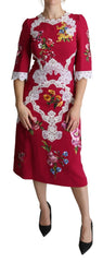 Women's Red Floral Embroidered Sheath Midi Dress Rayon Acetate Spandex