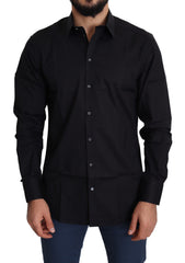 Men's Black Cotton Stretch Formal Gold Dress Shirt Elastane