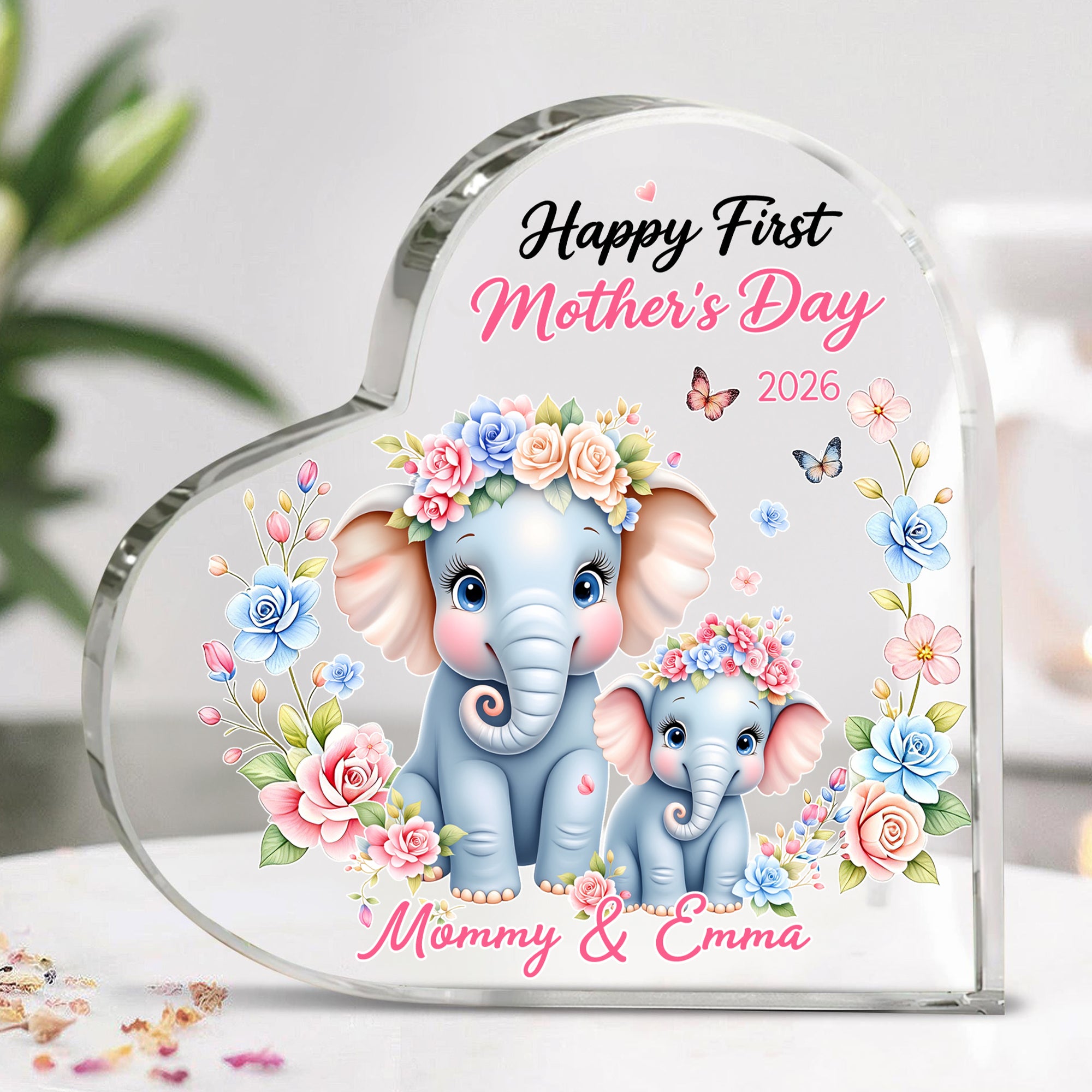 Guirnalda personalizada Mamá Bebé Elefante Placa acrílica en forma de corazón con nombres y año Decoración del hogar Regalo del Día de la Madre para Mamá Abuela