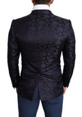 Men's Blue Floral Jacquard Silk Coat Martini Blazer Acetate Wool Clothing
