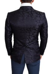 Men's Blue Floral Jacquard Silk Coat Martini Blazer Acetate Wool Clothing