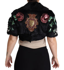 Women's Black Rabbit Fur Crystals Sequin Coat Clothing