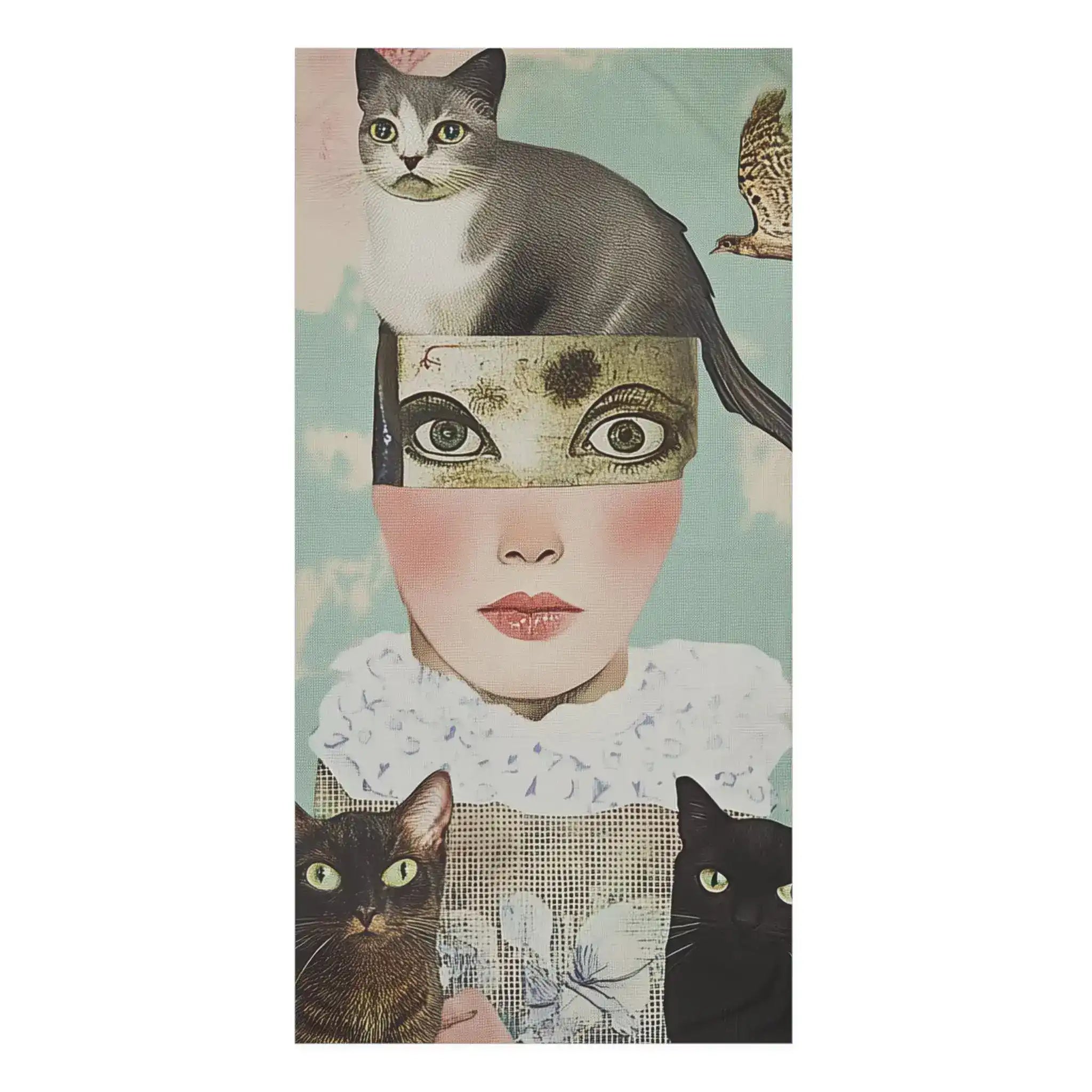 Whimsical Cat and Bird Collage Bath Towel