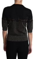 Women's Black Shiny Lurex Lace Insert Pullover Top