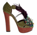 Women's Green Leather Crystal Platform Sandal Shoes