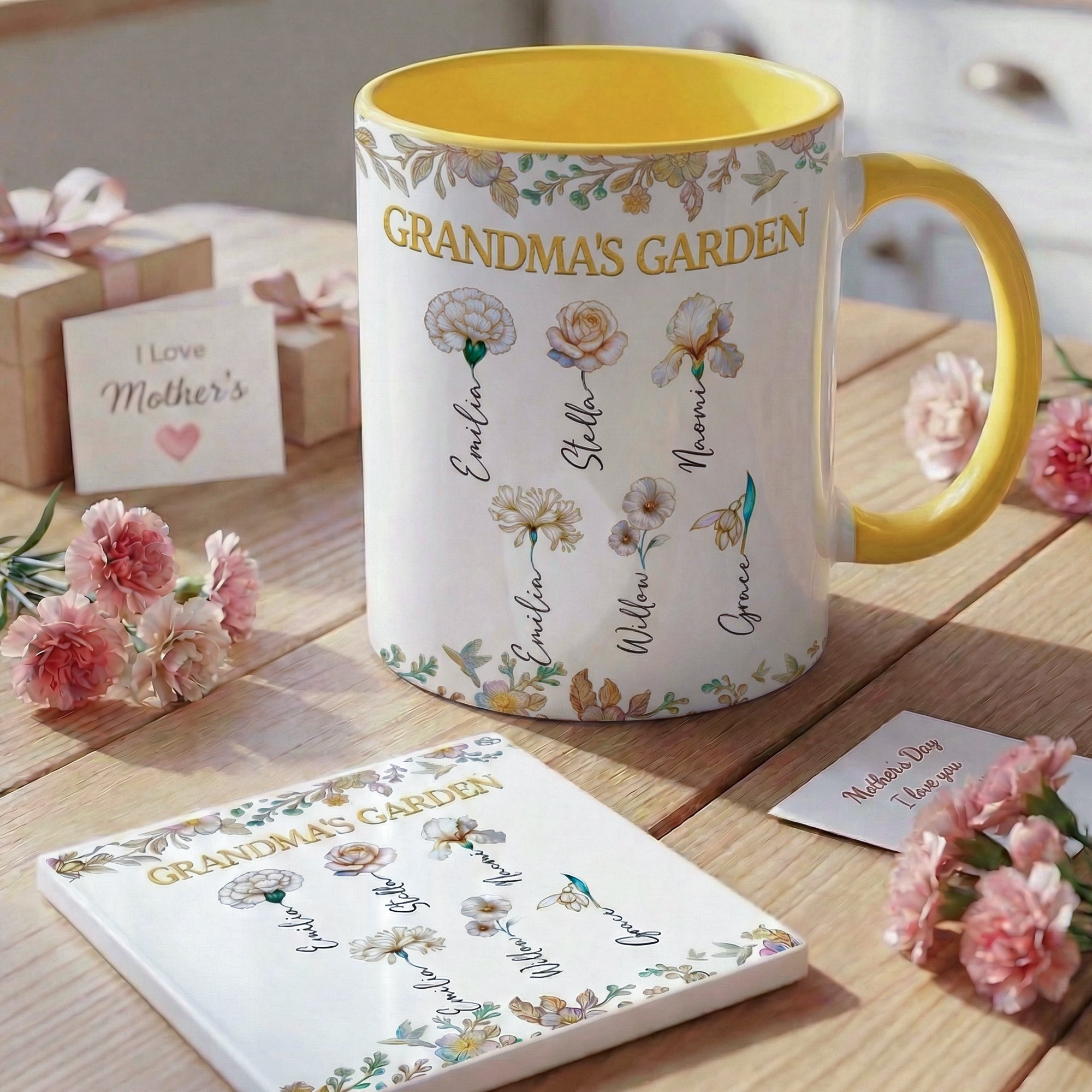 Personalizada 1-13 Nacimiento Flores 11 oz 15 oz Taza de Cerámica Posavasos con texto y nombres Día de la Madre Cumpleaños Regalo para la Madre Abuela