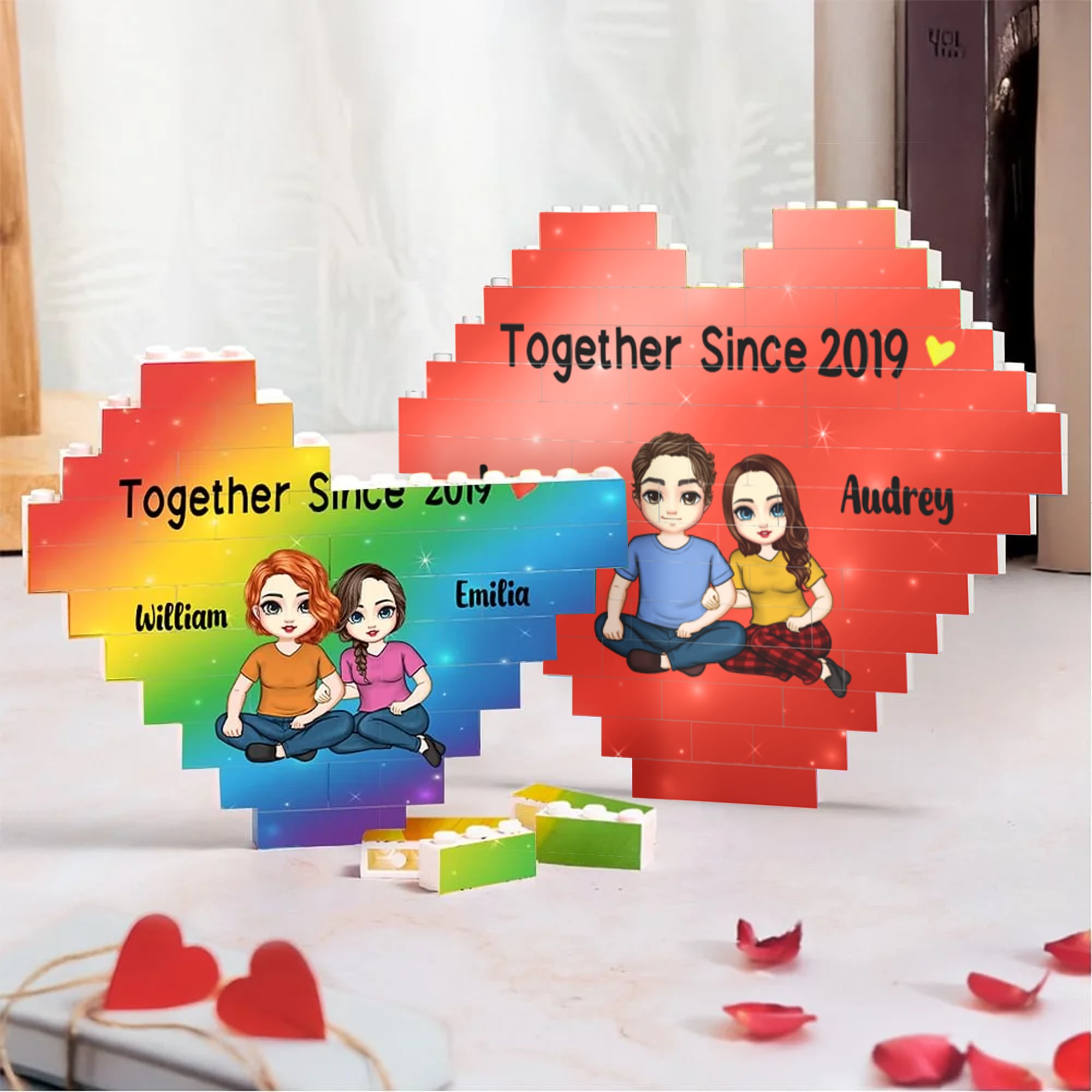 Personalizado Juntos Desde Hace Muchos Años Arco Iris Caricatura Corazón Rompecabezas de Ladrillos con Nombre Decoración del Hogar Regalo de San Valentín para Pareja