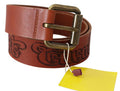 Women's Brown Leather Logo Bronze Rustic Metal Buckle Belt